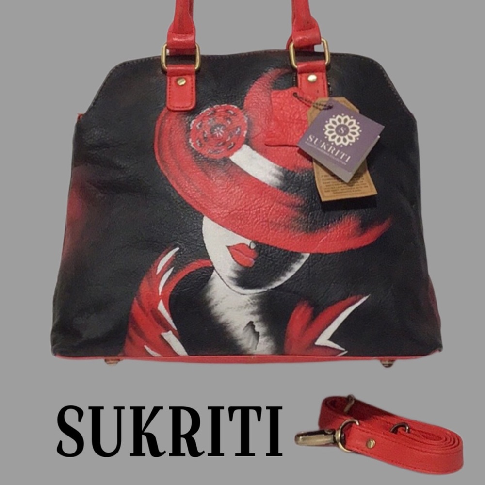 NEW SUKRITI Kolkata Hand-Painted Leather Shoulder‎ Bag/Crossbody, Dust Bag
